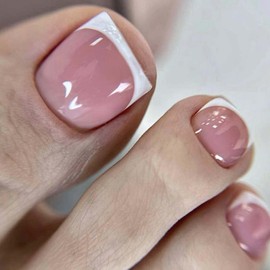 24Pcs Soft False Toenails - French Tip False Nails with Glue - White French Manicure Press on Nails - Glossy Full Cover Glue on Nails DIY Salon Home Easy Apply & Remove