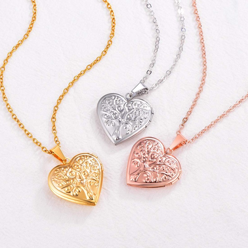 U7 Gold Locket Necklace Family Jewellery Tree of Life Heart
