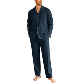 Ekouaer Men's Long Pyjamas Cotton Two-Piece Sleepwear Long Sleeve Loungewear Winter S-XXL, navy blue