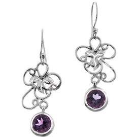 Amethyst Artisanal Flower Wire Frame 925 Sterling Silver Earrings, 1 1/2"