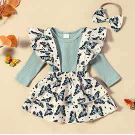 Baby Girl Overall Skirt Newborn fall Outfit 0-3 months long sleeve light green Romper Bodysuit headband tiered Dress