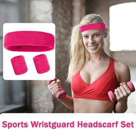 FENQURO Set of 3 Sweatbands Set, Sports Headband, Wrist Striped Sweatbands, Terry Towelling, Sports Training, Basketball Wristband, Headbands, Moisture Wicking, Sweat-Absorbing Headband (Rose Red)