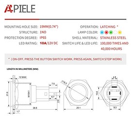 APIELE APIELE 10 Amp 19mm Latching Push Button Switch 12V SPST LED Waterproof Round Self-Locking 1NO (Silver Stainless Steel, Red)