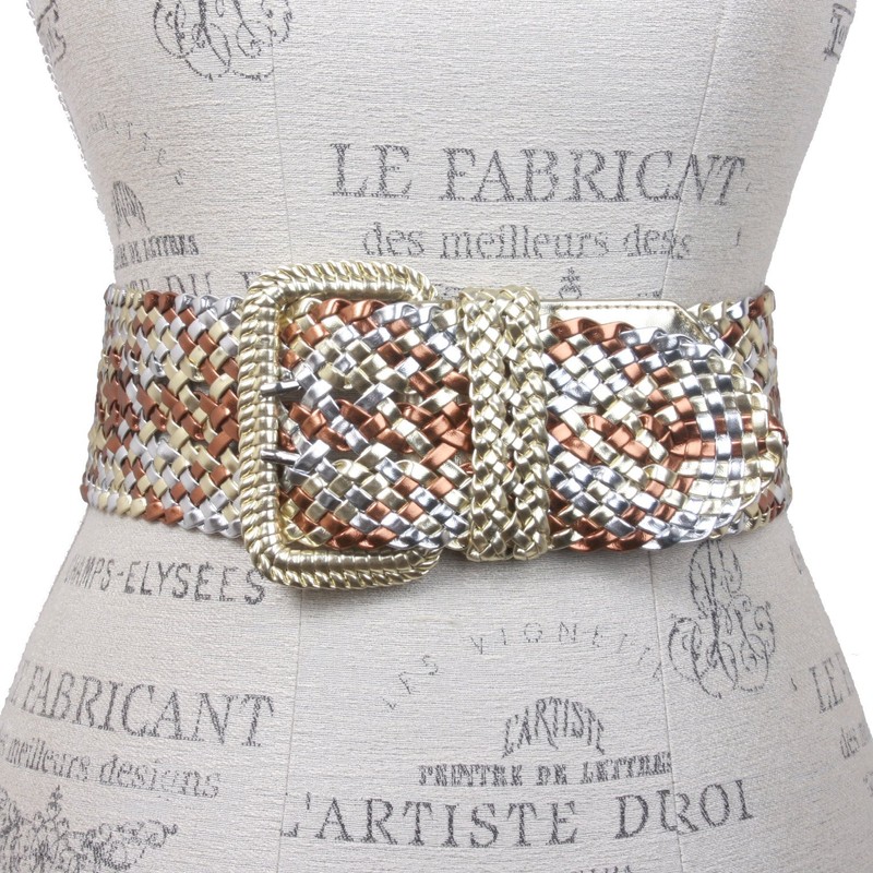 Women's 3" Wide Hand Made Braided Square Buckle Belt, Gold/Silver/Copper/Combo