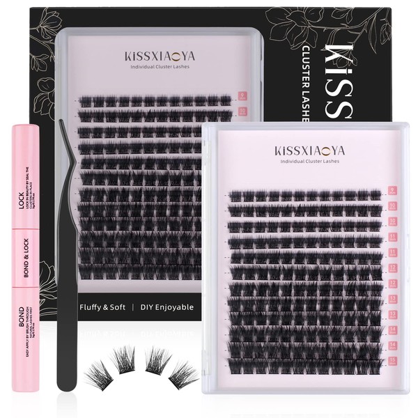 Cluster Eyelash Extensions Kit, DIY Lashes Extension Kit with Lash Bond & Seal and Applicator, 144 Pcs 0.10mm 56D 9-15mm Mixed Wide-stem Cluster Lash (9-15mm Mixed, Cluster Eyelash Kit)