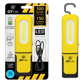 GT-Lite LED Rechargeable Work Light 300 Lumen Flash Light, 6ft Cable, Hanging Hook, Magnetic Base, Kickstand, 3 Settings, High/Low/Flashlight, Emergency Kits, Camping Light, Utility, Plumbing Light