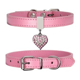 FUNAT Dog Collar Pet Dog Lead, Rhinestone Heart Dog Collar, Easy Adjustable PU Collar for Cats and Dogs