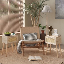 YMYNY Nightstand Set of 2, End Table, Small Bedside Table, Handmade Rattan Decorated Drawer, Solid Wood Legs, Modern Side Table for Bedroom and Small Spaces, Natural UHST010N-2