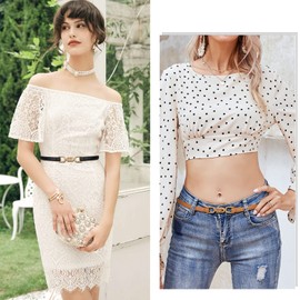 2 Pack WHIPPY Women Skinny Leather Belt Adjustable Thin Waist Belt Fashion Buckle Belt for Dress,Black+Brown,Fit Waist Size Up to 37 Inches