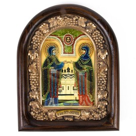 STP GOODS Beaded Orthodox Icon 9.1x7.5'' (23x19 cm) Handmade Orthodox Icon with Beads, Pearls, Natural stones, Christian Orthodox Icon, Wood Frame (Saint Peter and Saint Fevronia)