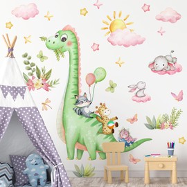 RAINBOW WSK Large Dinosaur Wall Decals Green Dino Wall Stickers for Baby Boys Girls Room Removable Jungle Animal Dino Wall Mural with Cloud Plants Kids Nursery Bedroom Decor BM700