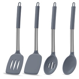 LIANYU Silicone Cooking Utensil Set, 6Pcs Heat Resistant Kitchen Utensils Set, Non-stick Stainless Steel Handle Spatula Tools, Dishwasher Safe, Grey