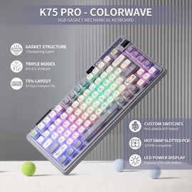 KZZI K75 PRO RGB 75% Wireless Gasket Mechanical Keyboard, Triple Mode BT 5.0/2.4G/USB-C 82 Keys Hot Swappable Gaming Keyboard w/Knob & Power Display, Custom Linear Switches, Purple Gray