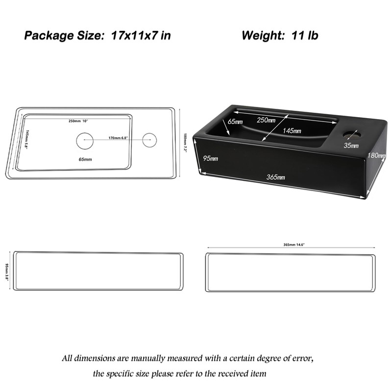 MEKKHALA Floating Vessel Sink Wall Mount 15x7 inch Black Small