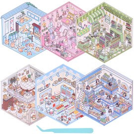 GTNCE 6 Stück 3d Sticker Scene, DIY 3D House Stickers mit 1 Pinzetten, Miniatur 3D Hausaufkleber Set, Kreative Szene Spaß Stacking, Machen Sie Ihren Eigenen Supermarkt, Café, Restaurant
