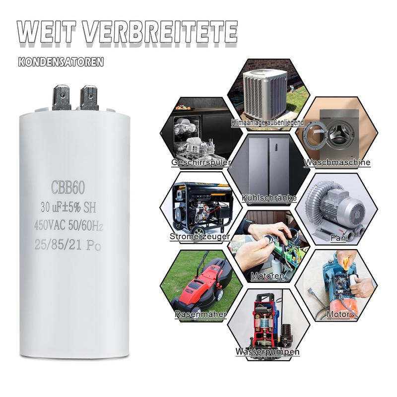 Iruihoo CBB60 Motor Capacitor, 30µF 450V Capacitor 50/60Hz Starting Capacitor