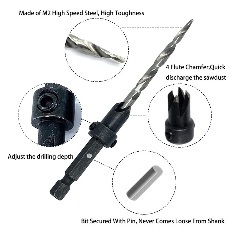 Nvanvmm 5Pcs Wood Countersink Drill Bit Set with 2Pcs Counter