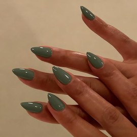 Uñas postizas cortas color almendra y verde oliva, uñas acrílicas puntiagudas y brillantes, con pegamento, reutilizables, fáciles de aplicar, 30 unida