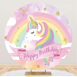 Laeacco 6.5x6.5ft Unicorn Birthday Round Backdrop for Girls Pink Rainbow Cloud Circle Backdrop Cover Golden Glitter Stars Photography Background for Kids Princess Birthday Party Portrait Booth Props