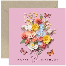 Old English Co. Special 90th Birthday Card for Her - Pink Flower Butterfly Artwork Birthday Card for Mum Aunt Sister Grandmother - Cute Female Birthday Card | Blank Inside Envelope