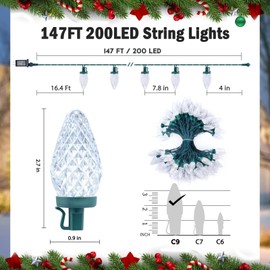 Minetom 147 FT 200 LED C9 LED Christmas Lights Outdoor - Plug in Fairy Lights with Timer & 8 Modes, Waterproof Commercial Grade Extendable for Indoor Outdoor Roofline Patio Yard Xmas Decoration, White