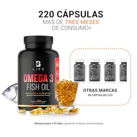 Omega 3 Fish Oil de 220 Cápsulas de 1000 mg. Ingredientes naturales: 100% Aceite de Pescado (EPA y DHA). Omega 3 Fish Oil B Life
