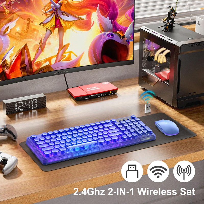 Wireless Light Up Keyboard and Mouse,Cute 2.4Ghz Cordless Rechargeable Clear