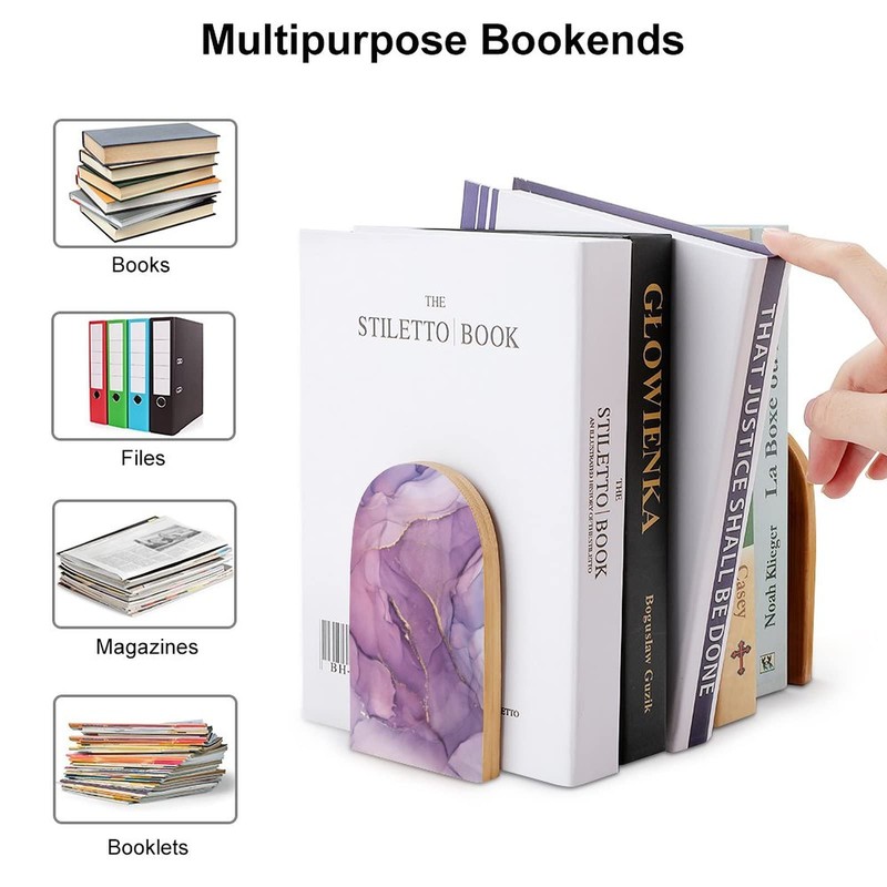 2 PCS Purple Marble Wooden Bookends for Shelves Beautiful Book