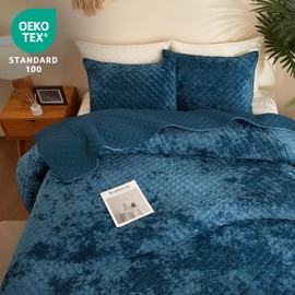 Wondnuga Ultra Soft Velvet Quilt Set King Size - Luxury Lightweight Velvet Bedding Set for All Season, Oversized Bedspread Coverlet Comforter Set with 2 Pillow Shams, Teal Blue, Diamond