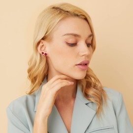 GEMSME 18K White Gold Plated Round Created Ruby Stud Earrings Pack of 5