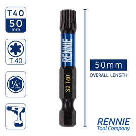 5 x Rennie Tools 50mm Long T40 TX40 Impact Screwdriver Driver Bits Set. Heavy Duty Magnetic Torx Screwdriver Bit Set. Black Oxide Coated Torx Impact Driver Bits. Torx Bit Set