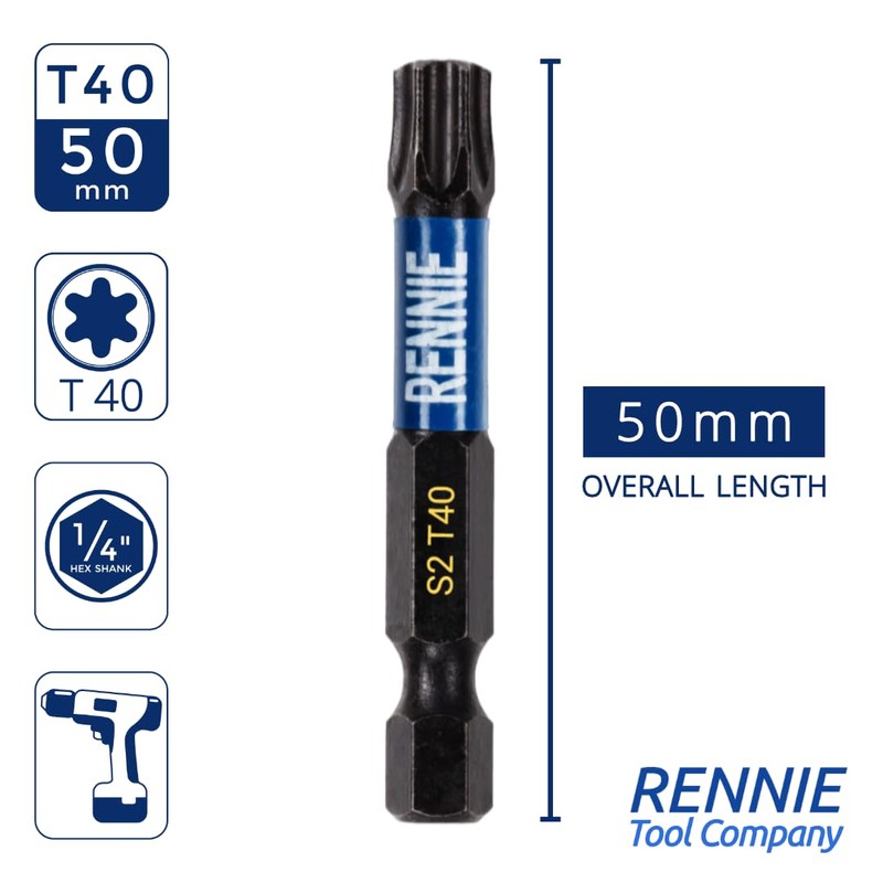 5 x Rennie Tools 50mm Long T40 TX40 Impact Screwdriver