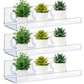 Reallnaive 3 Pack 12 Inch Window Suction Cup Shelf for Plants, Clear Acrylic Indoor Floating Shelves Plant Shelf Window Extender for Seed Starter Pots, Succulents, Herb Planters