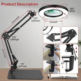 12X Magnifying Glass with Light and Stand, 2-in-1 Magnifier with Light, 5 Color Modes LED Lighted Desk Lamp & Clamp, Hands Free for Craft Hobby Reading Painting Sewing Close Work (5 Inches)