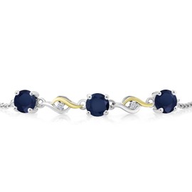 Gem Stone King 1.82 Cttw 5MM Blue Sapphire and 1.3MM White Lab Grown Diamond 925 Silver and 10K Yellow Gold Bracelet For Women | Bollo Bracelet | Fully Adjustable Up to 9 Inch | Easy-On Easy-Off