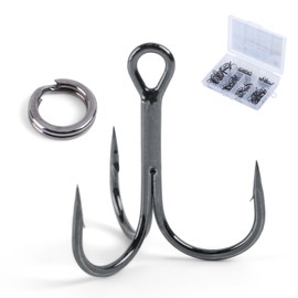 Goture Triple Hook Set, Treble Hooks, Split Ring, Economical, Black, 2#, 4#, 6#, 8#, 10#, 100 Pieces, Nickel Plated, High Carbon Steel Hooks, Precision Processing, Storage Case, 3 Hooks, Instant