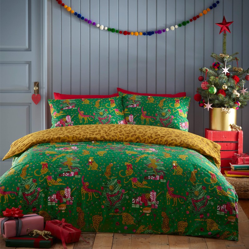 furn. Purrfect Christmas Duvet Cover Set - Toddler - Green/Gold