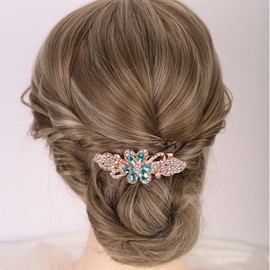 Chargances Bridal Flower Rhinestones French Hair Clip Wedding Blue Crystal Hair Barrettes Clip Slide Hairpins Barrettes Hair Accessories for Women (Blue)