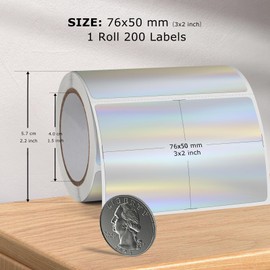FINDAT Holographic Thermal Labels Silver 3 × 2 Inch Self Adhesive Rainbow Printer Stickers Vinyl Waterproof Roll Glitter Decals Name Tag for Design DIY Logo Business 200 PCS