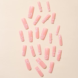 Extra Long Press on Nails Pink Square French Fake Nails, Full Cover Reusable Coffin Pearl Artificial Acrylic False Nails with White Stripes Design, Women DIY Glue on Nails Manicure for Set