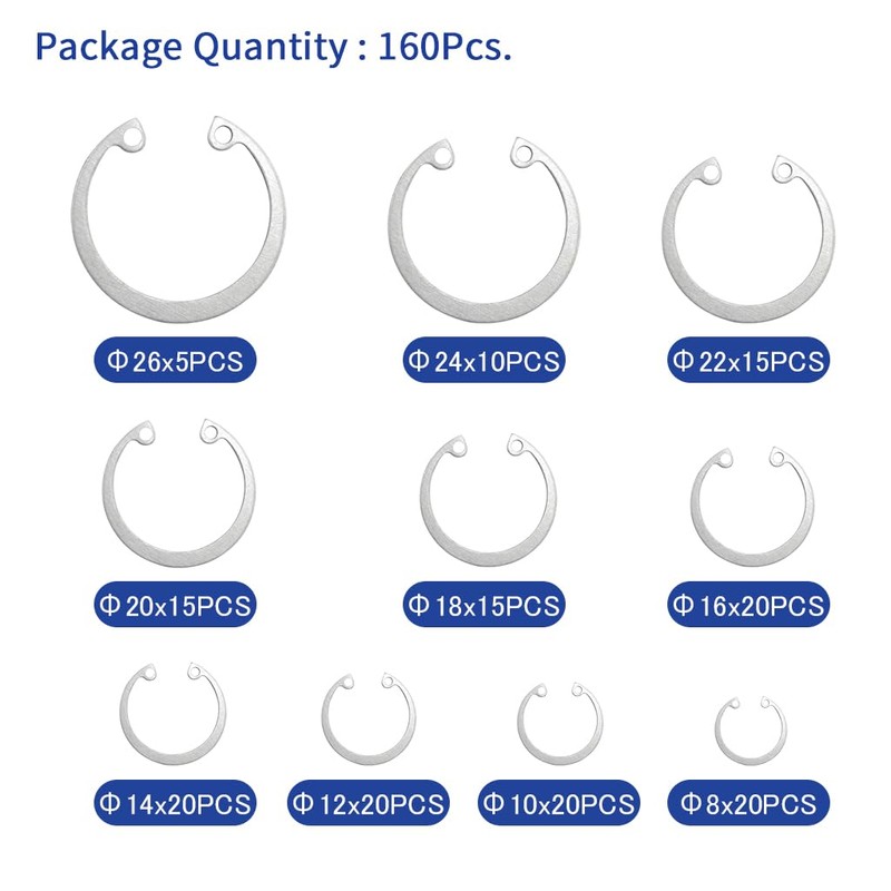 160PCS Metric 304 Stainless Steel C-Clips Internal Retaining Ring Assortment