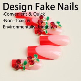 French Tip Press on Nails Long Square False Nails Tube Shape Pink to Red Acrylic Nails with Cubic Ruby Cherry Designs Flash Glue on Nails Fake Nails Press Ons for Women and Girls 24pcs from QQPPOLIU