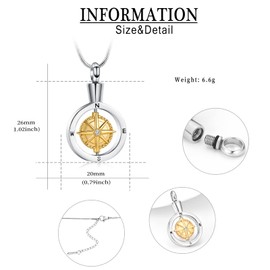 QGJNSGC Cremation Jewellery Compass Urn Necklace for People Ashes from Loved Ones Keepsake Lockets for Ashes Holder Pet Dog Memorial Necklace Jewelry, Stainless Steel