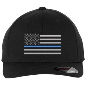 Thin Blue Line USA Flag Hat TBL American Flag Flex FIT Fitted Baseball Cap (Black, L/XL)