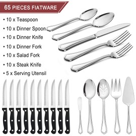 LIANYU 65-Piece Silverware Flatware Set for 10, Plus Steak Knives and Serving Utensils, Stainless Steel Flatware Cutlery Set, Eating Utensils Tableware with Scalloped Edge, Dishwasher Safe