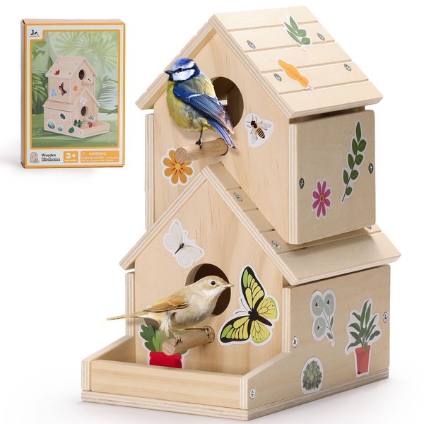 SainSmart Jr. Bird House Kit for Kids to Build and Paint - Art Craft Wooden Toys - Unfinished Wood Crafts with Stickers - Woodworking Crafts for Children Ages 3+