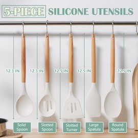 E-far Silicone Cooking Utensils Set, 5-Piece Kitchen Utensils Set with Wooden Handle for Cooking, Silicone Kitchen Nonstick Tools Spatula Turner Slotted Spoons, Nontoxic & Heat Resistant-White