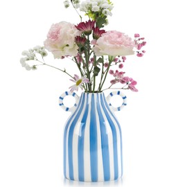WHJY Blue and White Striped Ceramic Vase with Handles Modern Nordic Minimalist Decorative Flower Vase Small Boho Home Decor Centerpiece for Living Room Office