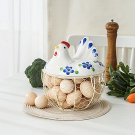 Decorative Egg Basket for Counter,Ceramic Chicken Lid with Wire Basket, Holds 20-25 Eggs