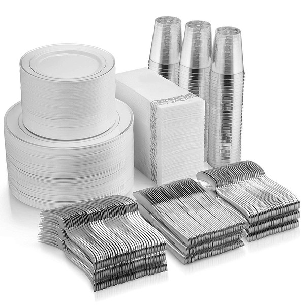 700 Piece Plastic Silver Dinnerware Set - 200 Rim Plates - 300 Silverware - 100 Cups - 100 Linen Like Silver Napkins, 100 Guest Disposable Dinnerware Set